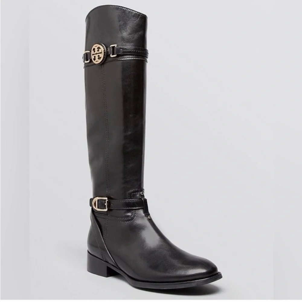 Tory Burch Calista Tall Leather Riding Boots Black Knee High - Picture 2 of 6